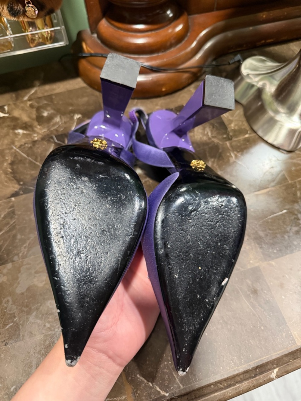 Versace Purple Pointed Slingback Heels with Glitter Medusa Appliqué - Picture 2 of 4